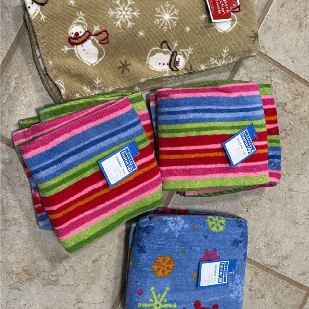 Colorful Striped, Snowman, and Snowflake  Themed Towels